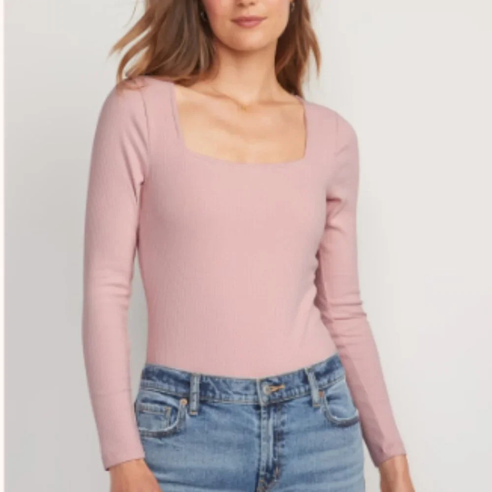 Old Navy Pink Long-Sleeve Square-Neck Rib-Knit Snap Bodysuit Women 2X